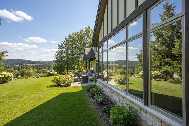 clean exterior windows on the back of a big house